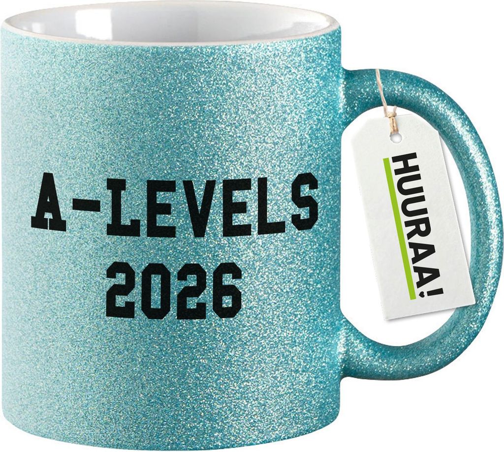 Huuraa Glitzertasse A-Levels 2026 Abschluss Großbritannien 330ml Blau Keramik Kaffeebecher Geschenkidee