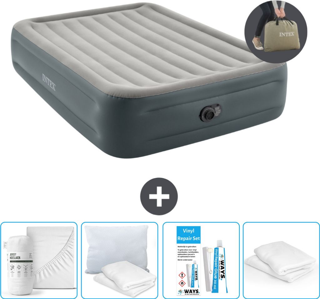 Intex Luftbett - 2 Personen - 152 x 203 x 46 cm - Grau - Inklusive Pumpe - Spannbettuch - Küssen - Reperaturset en Kissenschutz