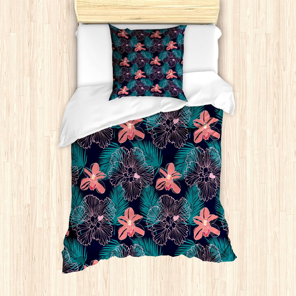 ABAKUHAUS Luau Bettbezug Set für Einzelbetten, Blätter Hibiscus auf dunklem, Milbensicher Allergiker geeignet mit Kissenbezug, 135 cm x 200 cm - ...