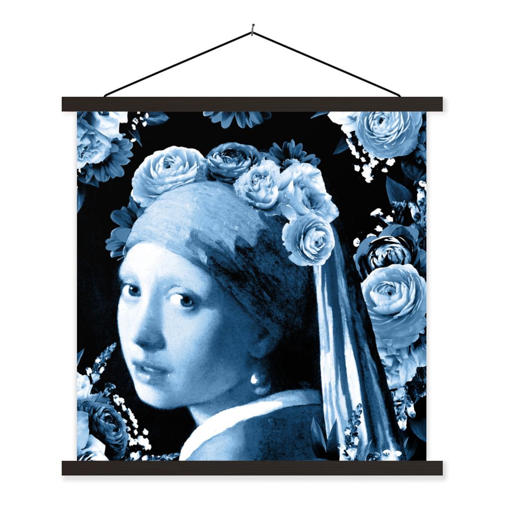 MuchoWow Textilposter Mädchen mit einem Perlenohrring - Rosen - Blau 40x40 cm mit schwarzem Rahmen - Fotos