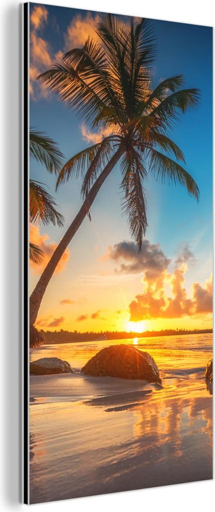MuchoWow Wanddekoration Metall Metallbild Wandkunst 20x40 cm Strand - Meer - Palme - Sonnenuntergang MuchoWow Aluminium Gemälde - Aluminium Gemäldes