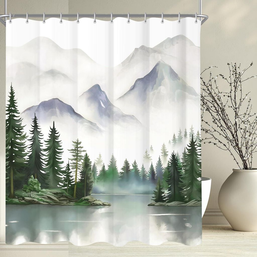 Duschvorhang 180x200cm mit Bergmotiv, beschwertem Saum, schimmelresistentem Gewebe, wasserabweisend, waschbar, aus Polyestergewebe, geeignet für B...