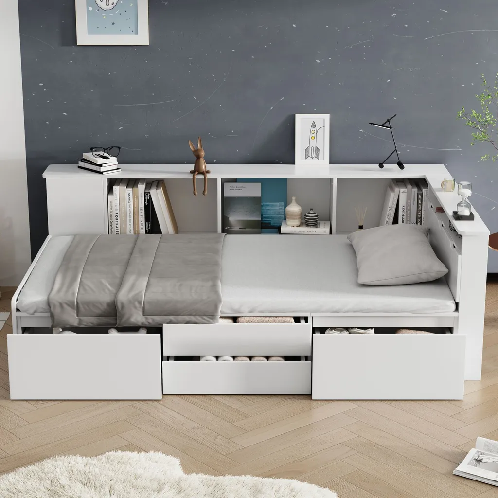 Lit simple 90x200 cm blanc avec armoire et sommier à rangement