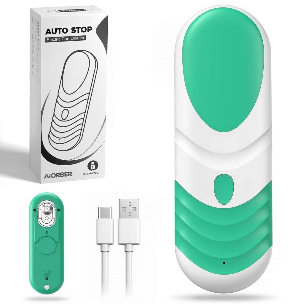 AIORBER Elektrischer Dosenöffner USB-C, One-Touch, Automatikstopp, glatte Kanten, 2000 mAh, für runde, ovale und eckige Dosen, Grün-Weiß