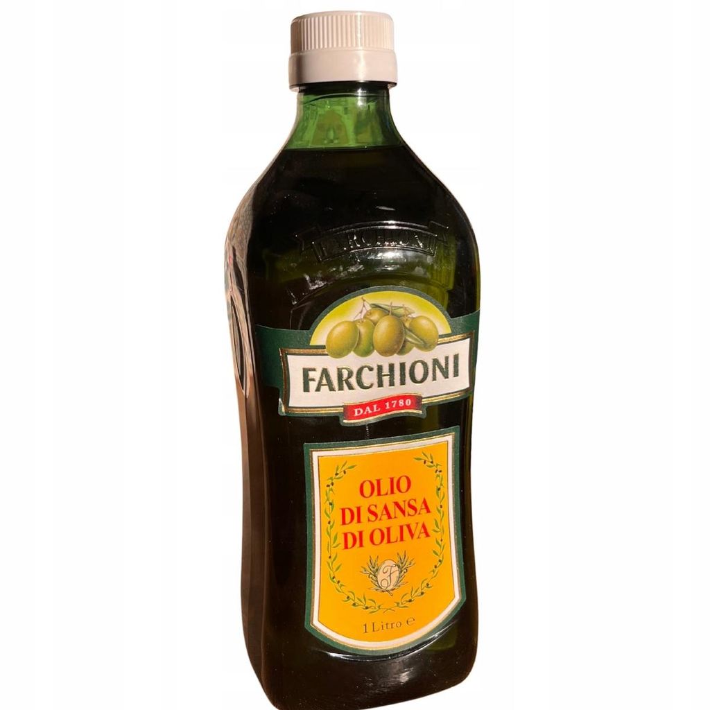 A bottle of Farchioni olive oil on a white background.