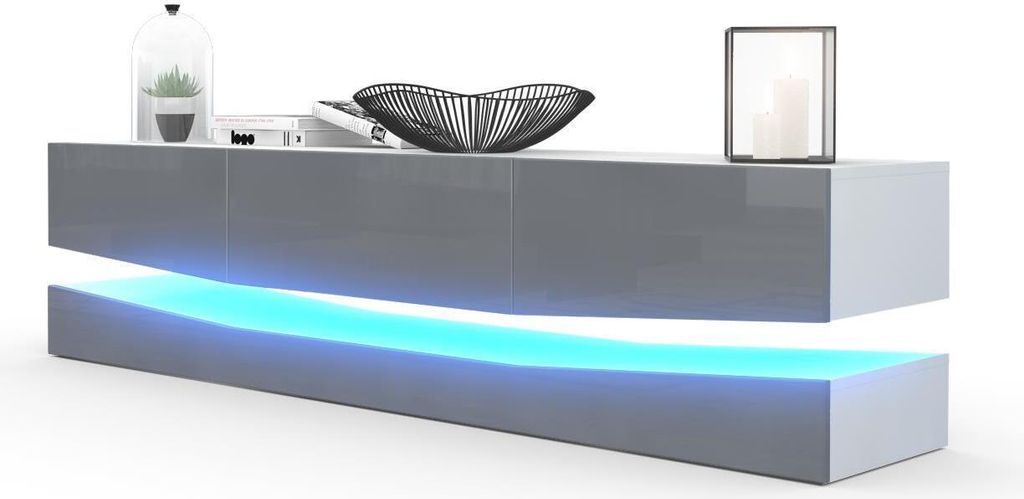 Vladon Lowboard City, Germany, TV-Kommode mit Sockelelement, 1 offenem Fach und 3 Schubkästen, Weiß matt/Grau Hochglanz, inkl. LED-Beleuchtung (...