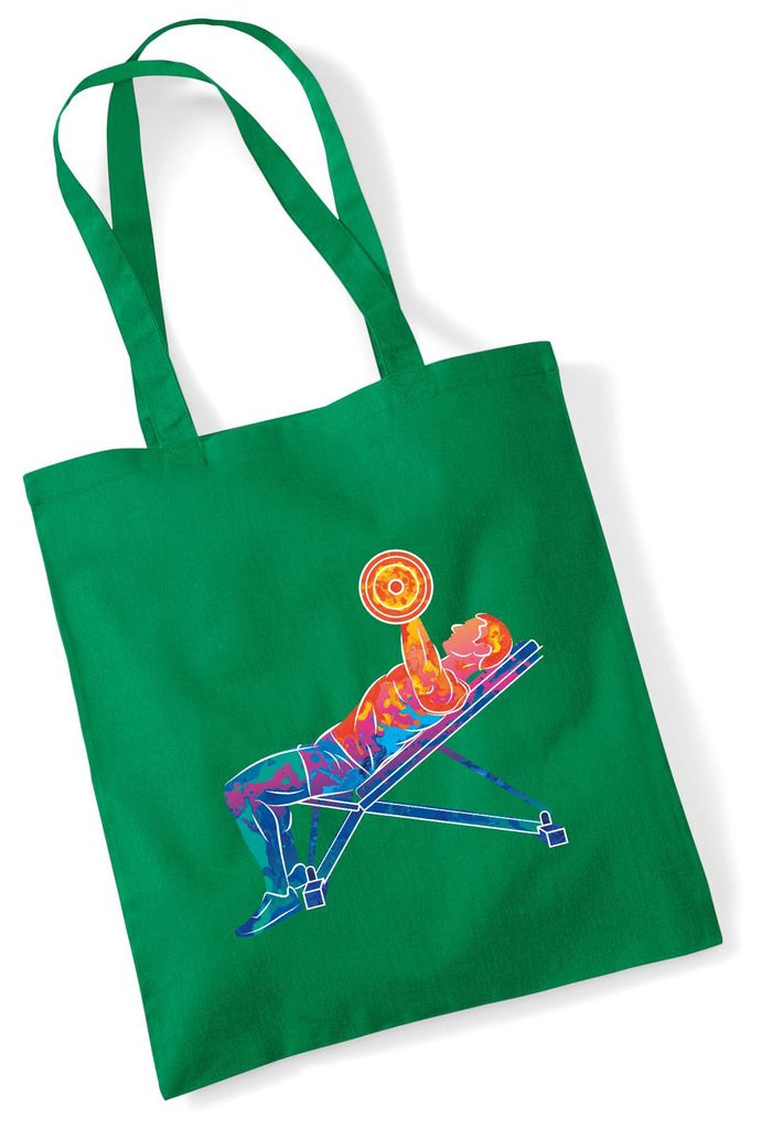 Huuraa Jutebeutel Fitness Training Bench Press bunte Silhouette 10 Liter Kelly Green Baumwolle Tasche Geschenkidee