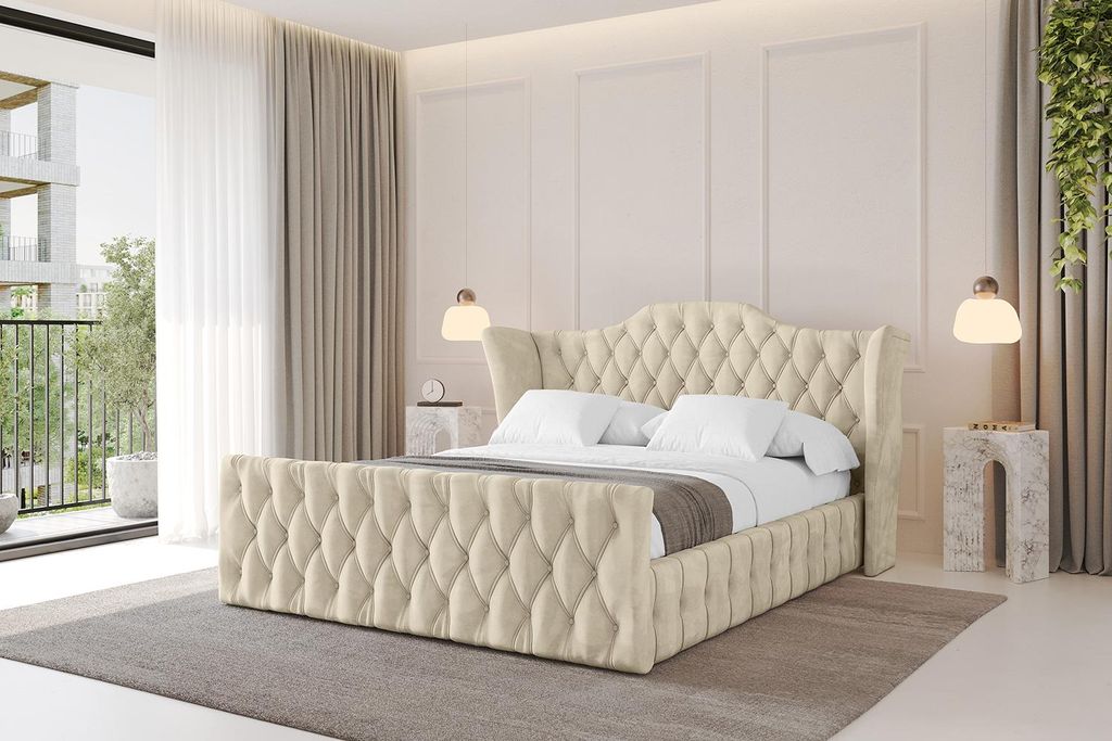 ALTDECOR Polsterbett mit Bettkasten - MODY-Z - 200x200 Beige - Bett mit Matratze H3/H4, Kopfteil und Fußteil, Boxbett, Doppelbett mit Stauraum