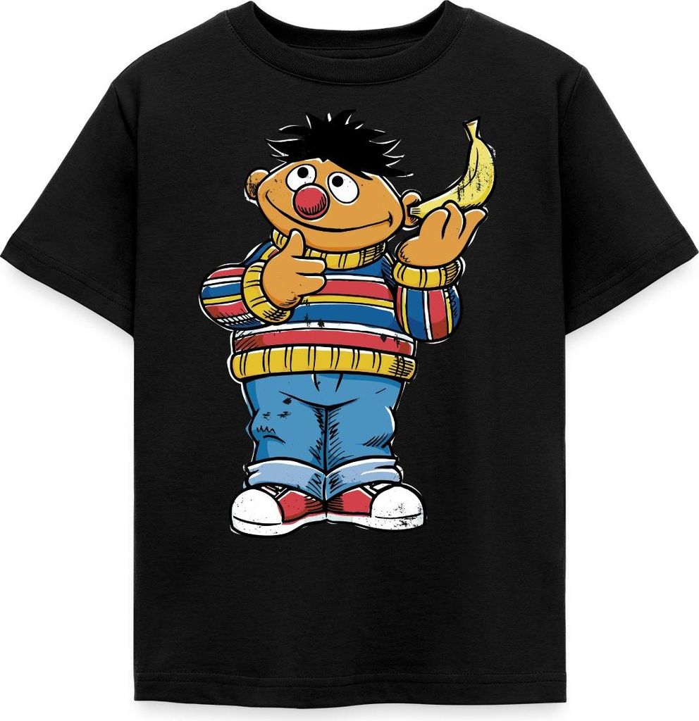 Spreadshirt Sesamstraße Ernie am Bananentelefon Kinder T-Shirt, 98/104 (3-4 Jahre), Schwarz