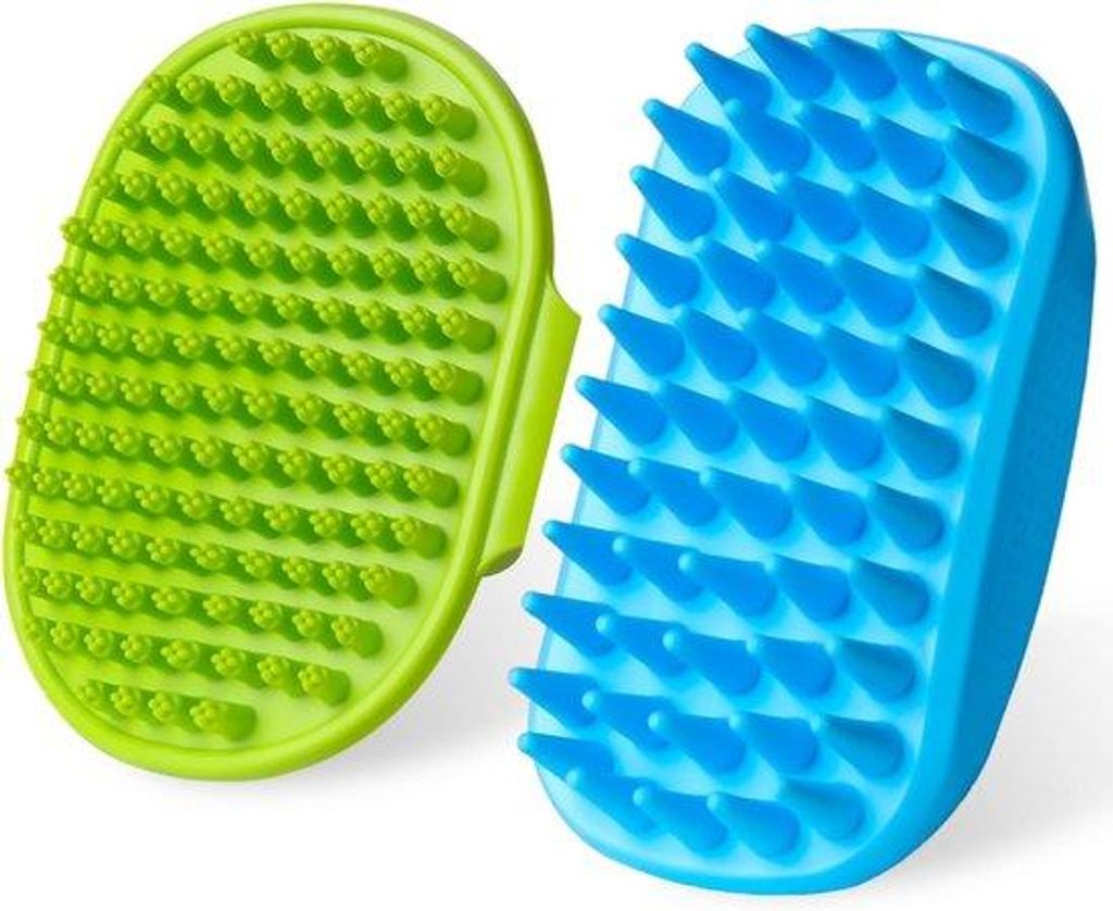 Zwei Stück elastische, verstellbare Badborstel für Hunde und Katzen - multifunktional für Welpen, Kätzchen und Kaninchen (blau/orange)