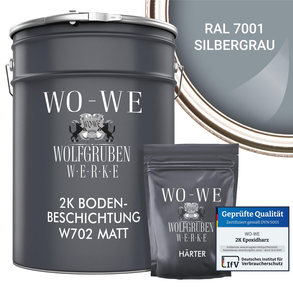 2K Epoxidharz Garagenfarbe Bodenbeschichtung MATT W702 Silbergrau RAL7001 - 20kg