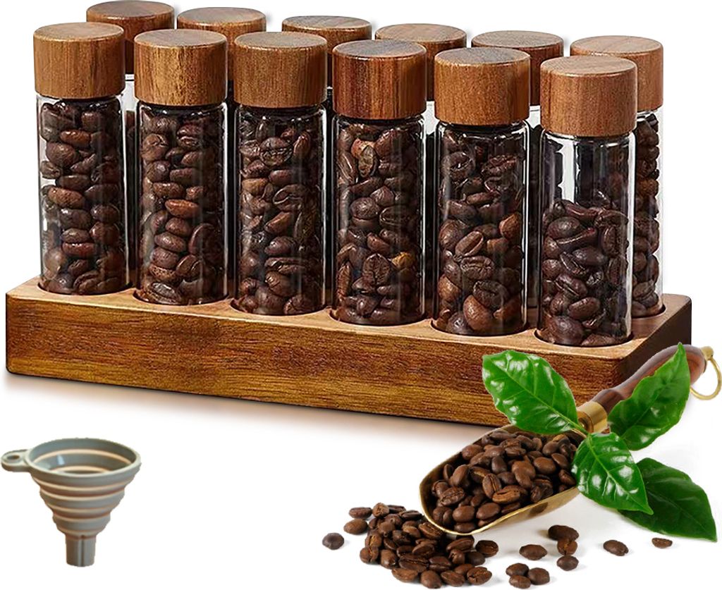 Aufbewahrung von Kaffeebohnen fuer Einzeldosen, 12 Roehrchen, tragbarer Mehrzweck-Kaffeebohnenbehaelter, Keller mit Ausstellungsstaender aus Walnus...