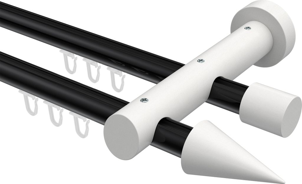 Interdeco Innenlaufstange / Gardinenstange mit Innenlauf Schwarz / Weiß, Typ Talent Siveo (Kegel), 20 mm Ø 2-läufig, 440 cm