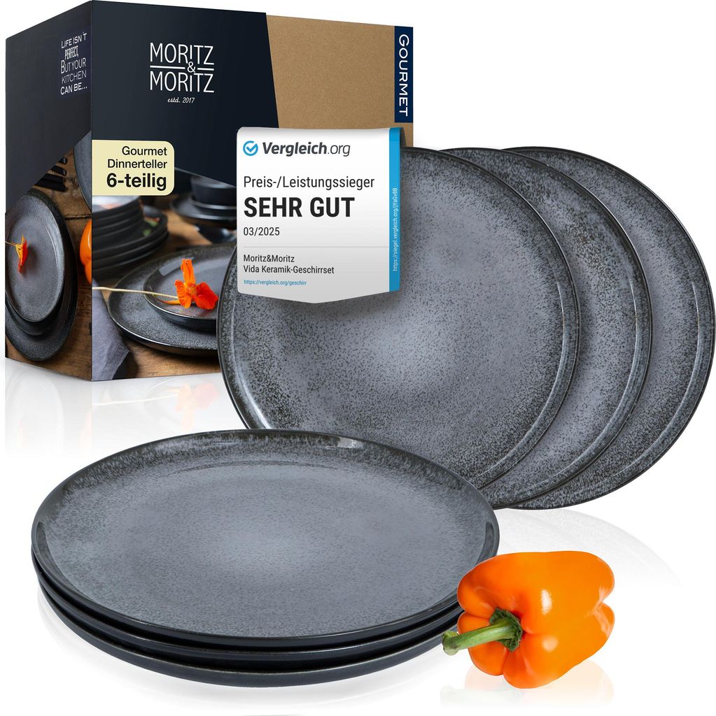 Moritz & Moritz VIDA 6tlg Dinner Teller Anthrazit Geschirr Set