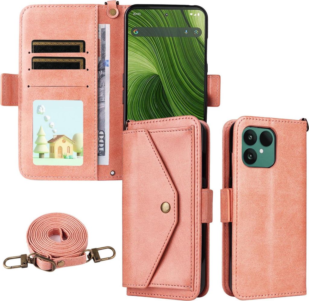 Crossbody Echtleder Hülle für Fairphone 6 Kartenfächern & Standfunktion Pink