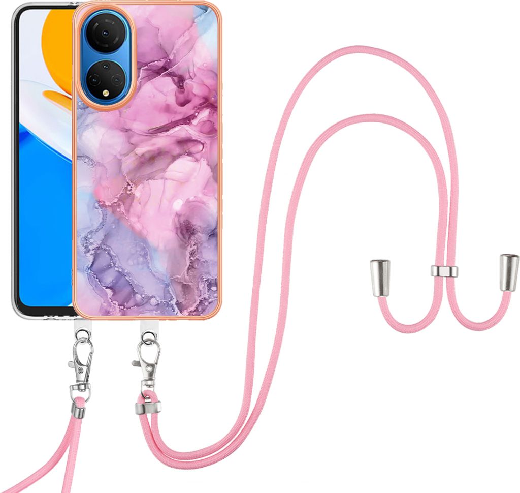 Honor X7 Handykette Hülle, Muster TPU Bumper Schutzhülle mit verstellbarem Tragegurt für Honor X7 Pink