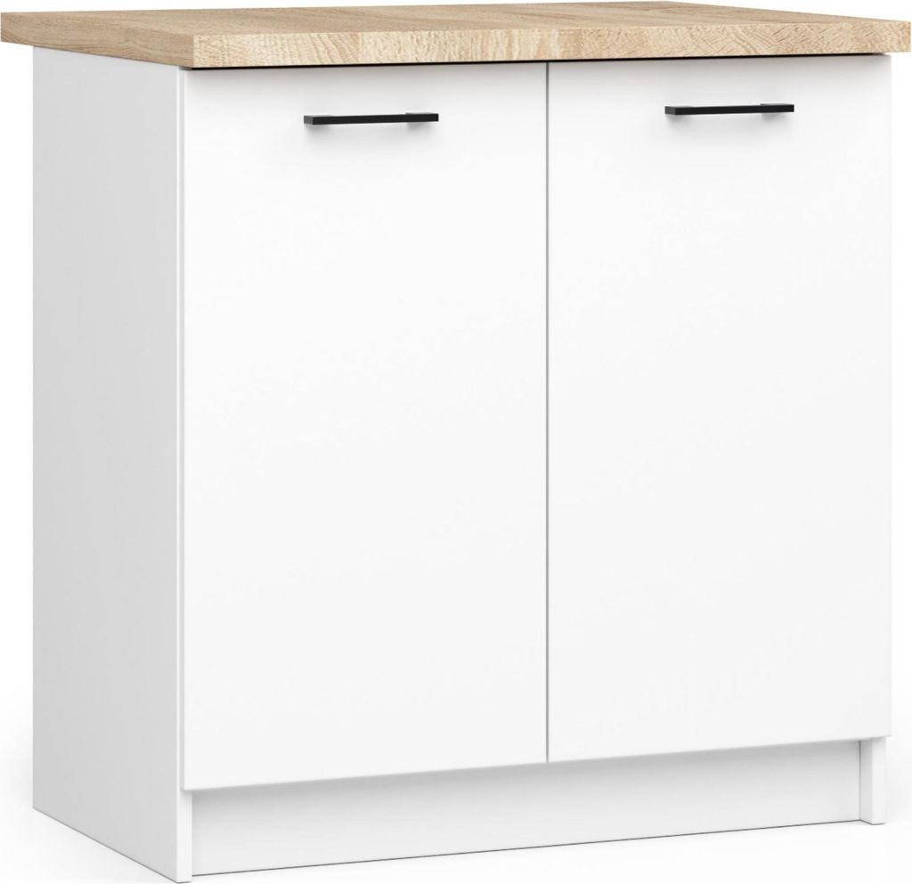 A white cabinet with a wooden top.