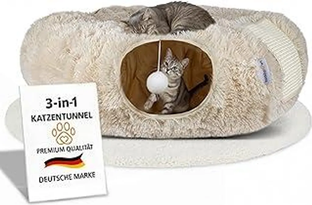 Tunnel per gatti 3 in 1 con cuccia e superfici graffiabili | Tunnel per gatti premium versatile in morbido peluche, utilizzabile come cuccia, cesto e giocattolo | Lavabile | Con tappetino graffiabile in sisal | BEIGE