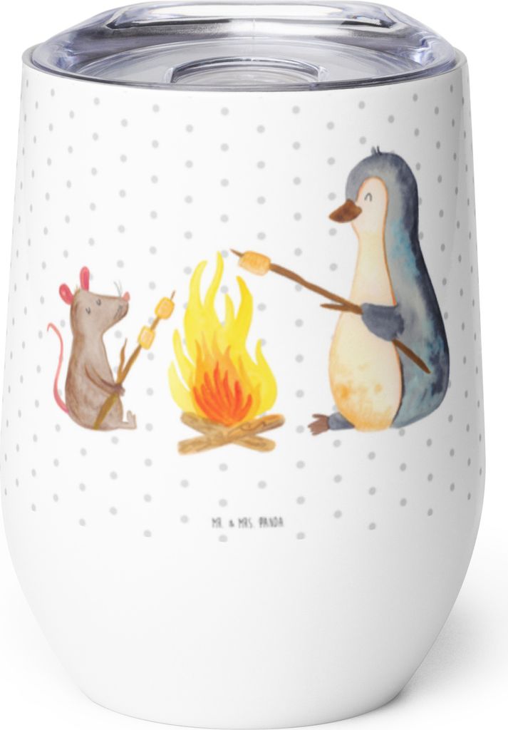 Mr. & Mrs. Panda Thermo Becher Pinguin Lagerfeuer - Weiß - Geschenk, Weintumbler, kaffee tasse, Outdoor, Job, Maus, Grillen, Arbeit, Thermobecher,...