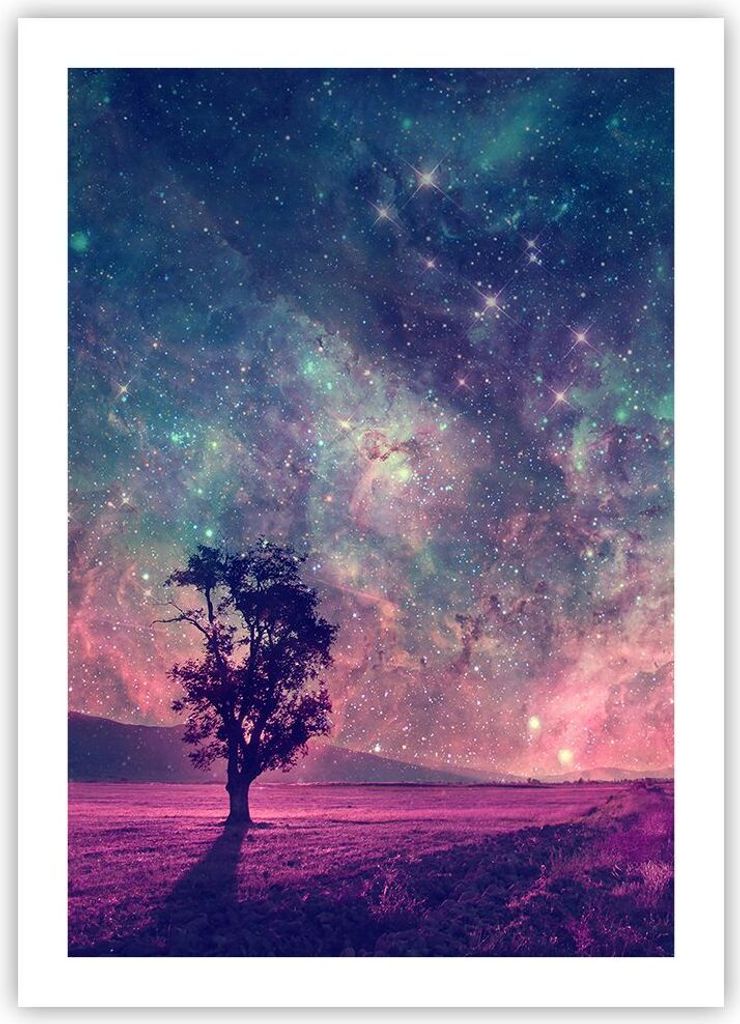 Poster - Poster ohne Rahmen - Kosmos Baum Wiese - 50x70 cm - Wand Bild - Wanddeko - Wandbilder - Kunstposter - Wandposter - Bilder - Kunstdruck - W...