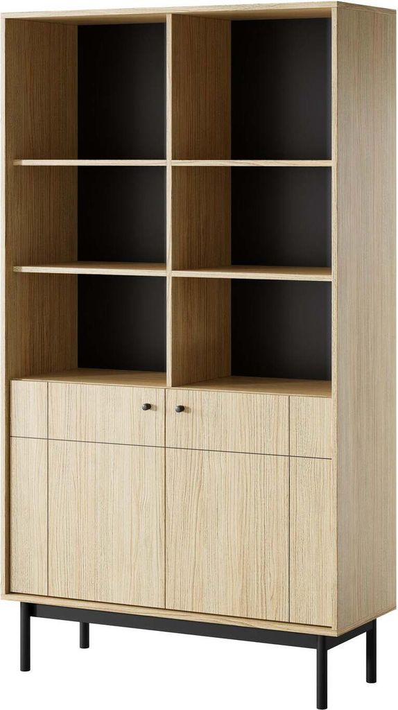 FURNLUX Vitrine Japandi Eiche Und Schwarz 104cm / Hauptfarbe: Beige / Abmessungen: 104 x 39 x 185 cm