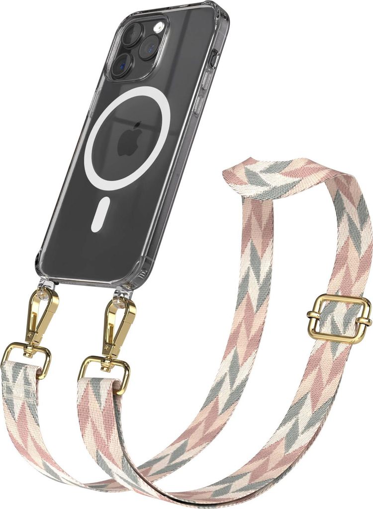 EAZY CASE - Handykette mit MagSafe Hülle für Apple iPhone 15 Pro Max, Handyband Mix Style, Karabiner Gold, Umhängeband in Grün