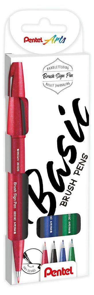 Pentel - Brushpen Sign Pen Brush Touch, Kartonetui mit 4 Teilen: Schwarz, Blau, Rot und Grün