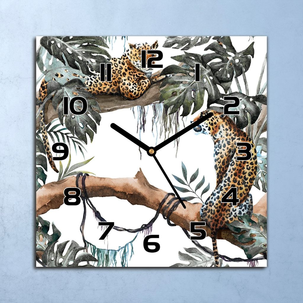 Wanduhr Echt-Glas-Küchenuhr Dschungel Geparden Quarz 30x30 Deko Bilder