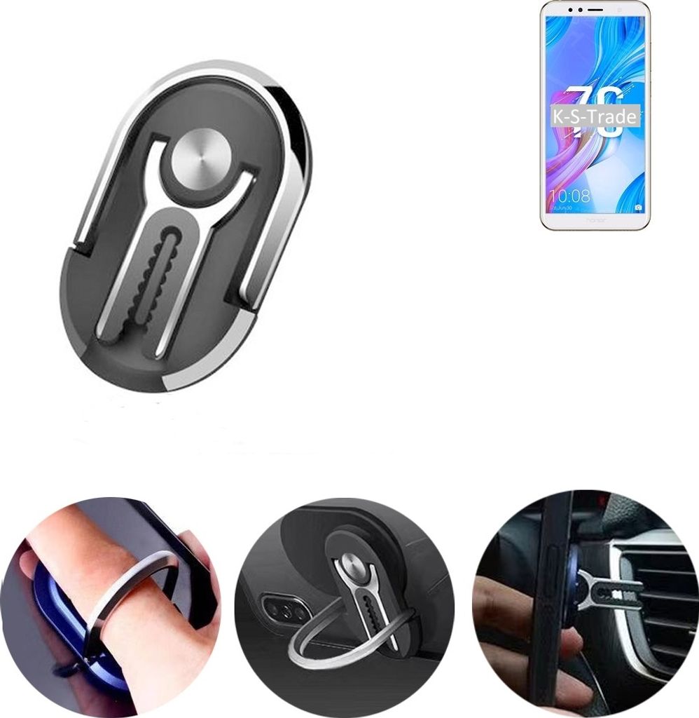 K-S-Trade 3in1 Smartphone-Ring Handy-Ring kompatibel mit Huawei Honor 7C AUM-L41 Fingerhalterung Handyring Tischständer Lüftungsgitter-Halterung