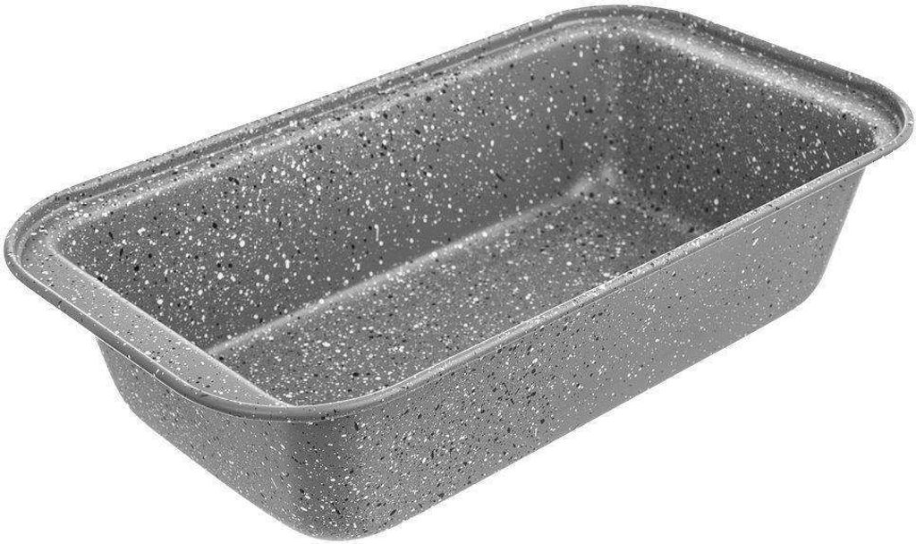 A gray loaf pan with a speckled granite coating is shown from a diagonal angle against a white background.