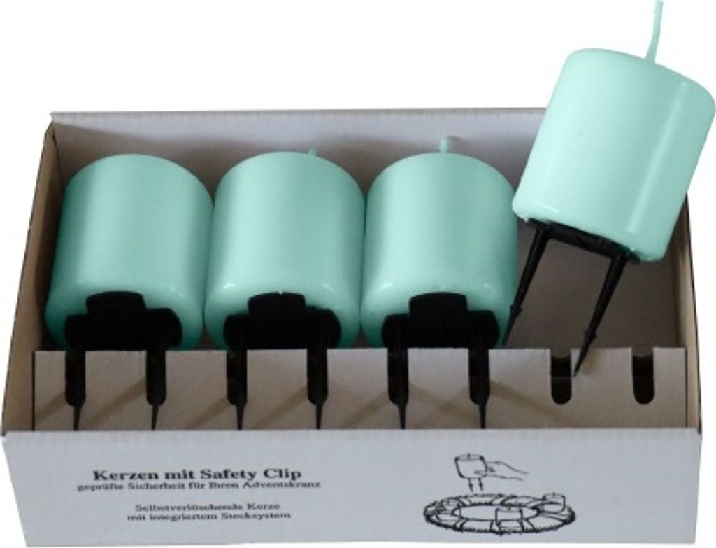 4er Set Adventskerzen, Stumpenkerzen mit Safety Clip und Kerzenstecker (Haltekrallen) Türkis 6 x ? 5 cm