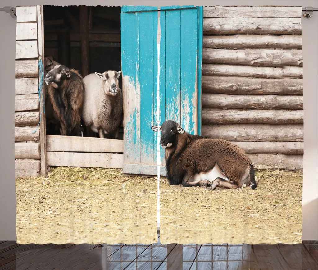ABAKUHAUS Animali della fattoria Tenda rustica, pecore nella capanna, camera da letto Tenda con passanti e ganci, 280 x 175 cm, multicolore