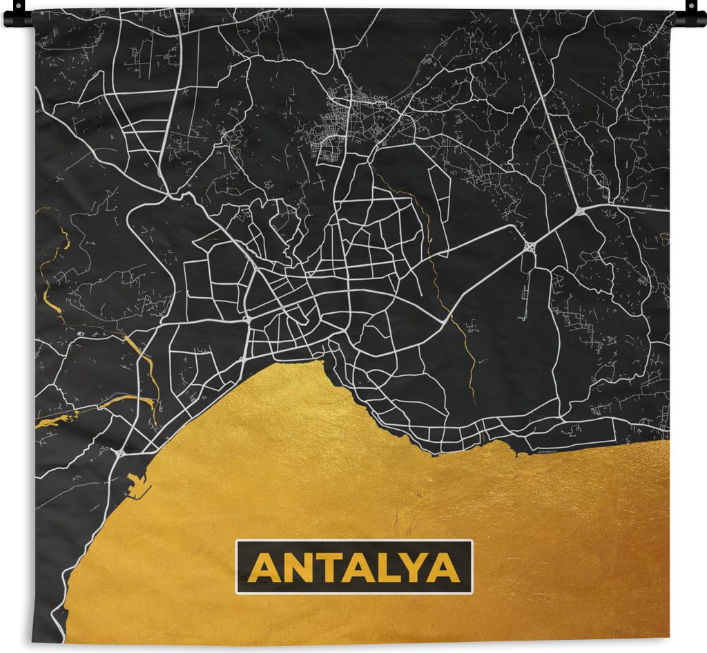 MuchoWow Wandteppich Wandbehang Antalya - Gold - Karte - Stadtplan 120x120 cm Tapisserie Dekoration Wandtuch - Modern - Baumwollgewebe