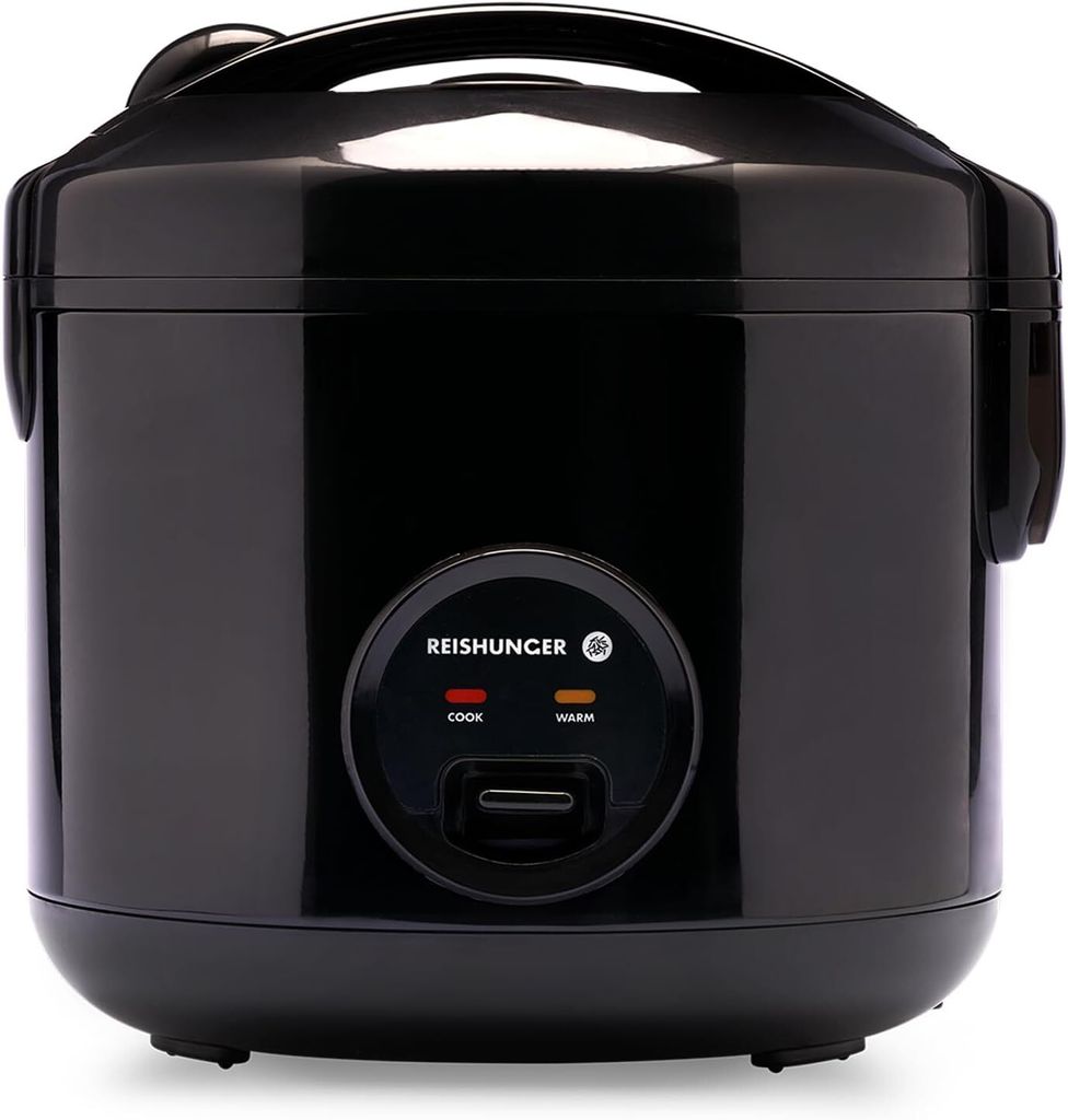 A black electric rice cooker is shown from the front.