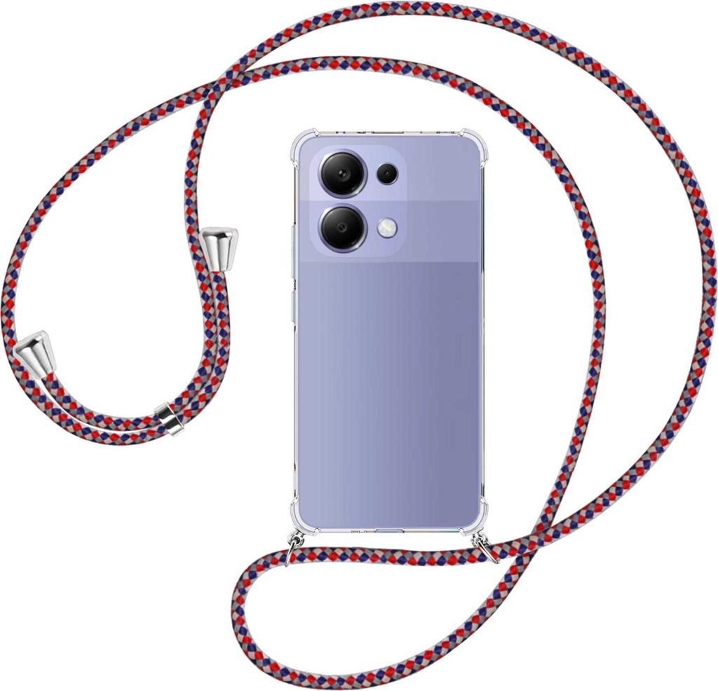 Handykette Backcover-Schutzhülle mit Band (Metall silberfarben) für Xiaomi Redmi Note 13 4G - silber/blau/rot