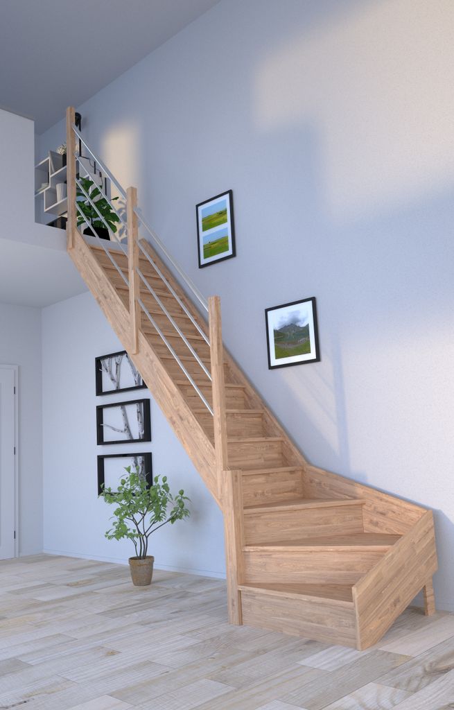 Holztreppe Rhodos in 1/4 gewendelter Ausführung links-Eiche-links-Holz-Edelstahl Geländer-mit Setzstufen