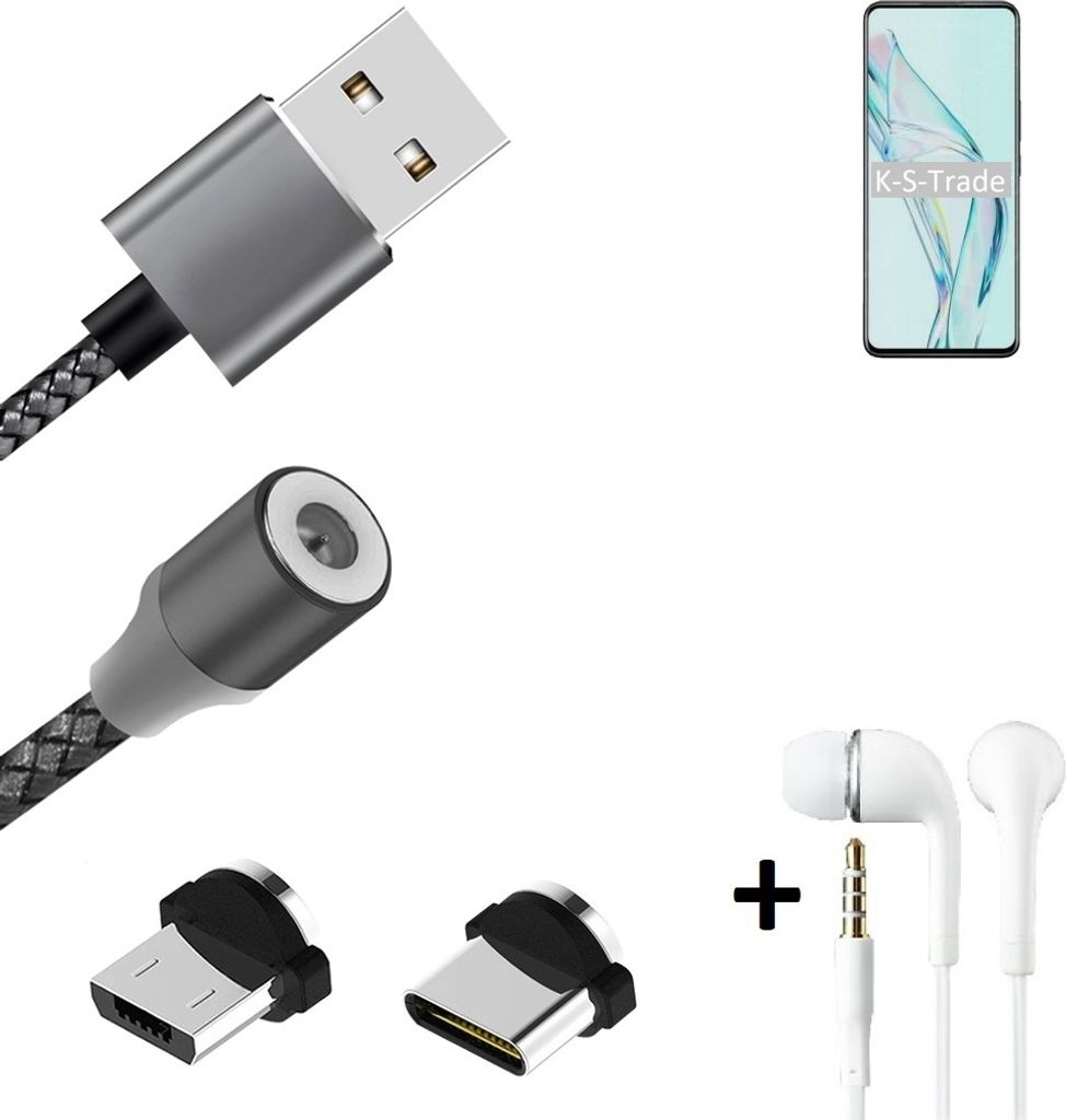 K-S-Trade Hochwertiges Magnet-Lade-kabel Sync-Kabel Daten-Kabel + Kopfhörer kompatibel mit ZTE Axon 30 5G mit USB-Typ-C-Anschluss und