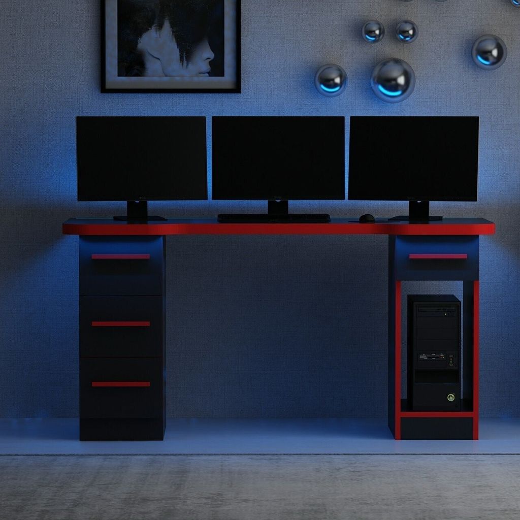 Skye Decor, Phoenix 5 - Black, Red, Gaming-Schreibtisch, Schwarz, 100 % MELAMINBESCHICHTETE SPANPLATTEN, 150 x 60 x 76 cm