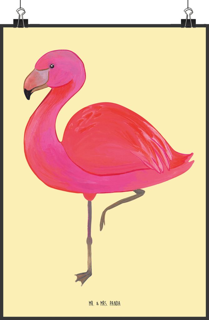 Mr. & Mrs. Panda Bild Flamingo Classic DIN A2 - Gelb Pastell - Geschenk, Plakat, Kunstdruck, Prächtig, Wandschmuck, Rosa, Freundinnen, wanddeko, d...