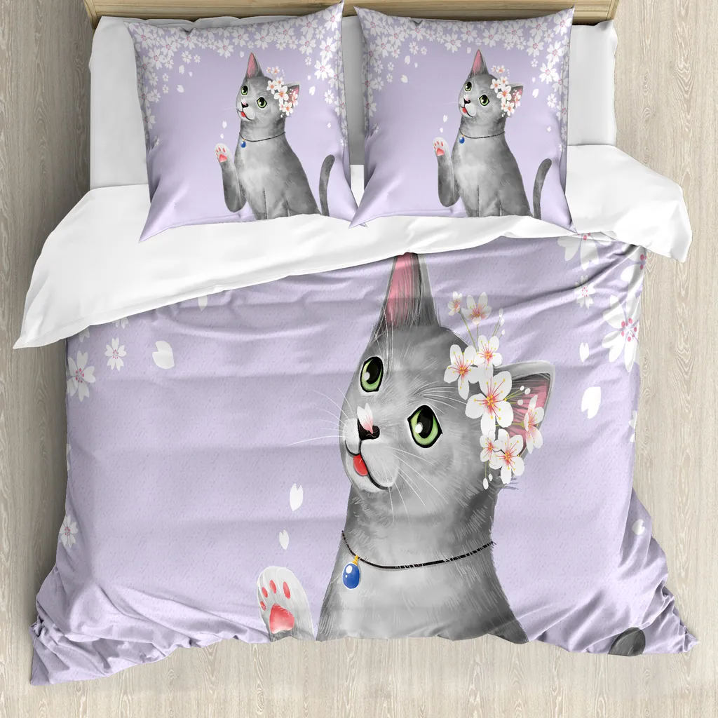 Ensemble Housse de Couette 155x220 cm Chatons et Fleurs de Cerisier