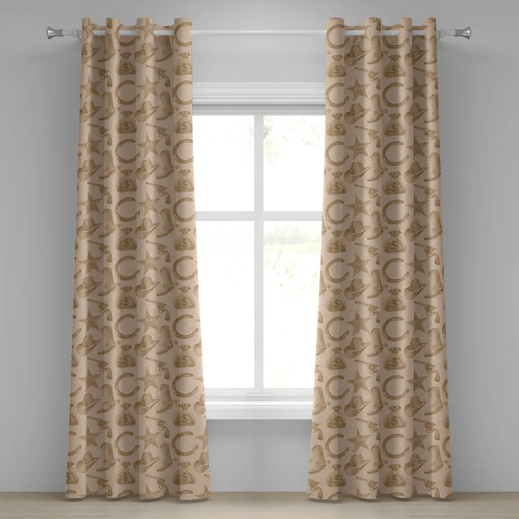 ABAKUHAUS Tenda occidentale con occhielli, stile cucito Star Boot e motivo linea revolver, sfondo a pois, tende decorative a 2 pannelli, 280 cm x 175 cm, marrone chiaro