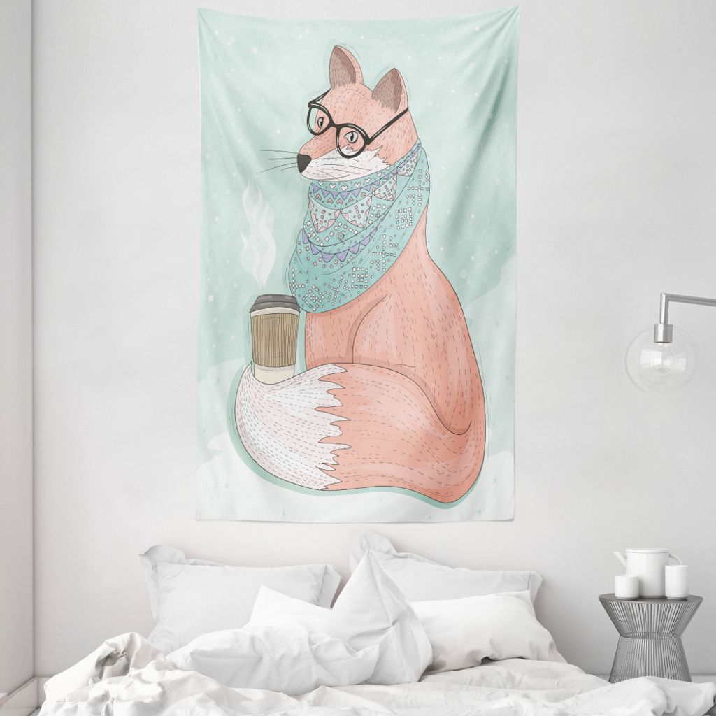 ABAKUHAUS Tier Wandteppich und Tagesdecke, Hipster Fox Brillen aus Weiches Mikrofaser Stoff Waschbar ohne Verblassen Digitaldruck, 140 x 230 cm, Mi...