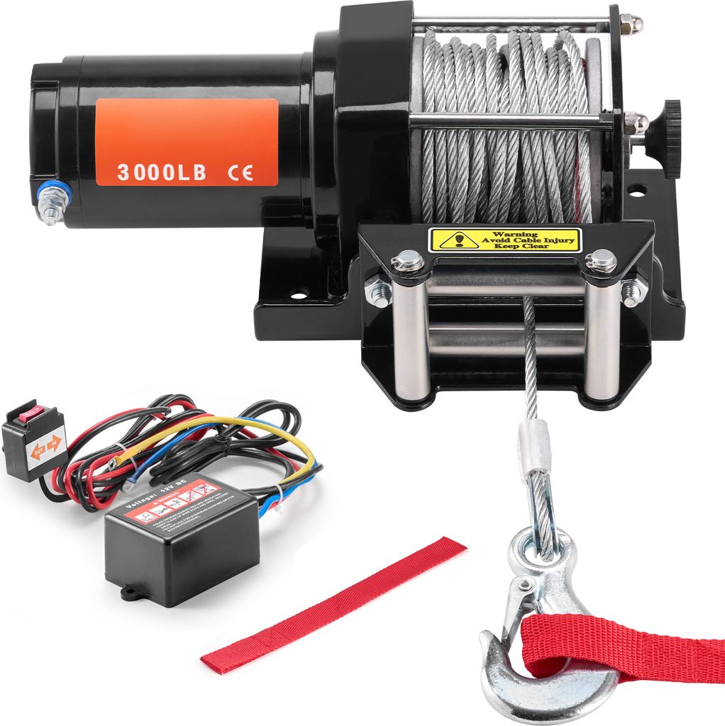 A black electric winch with a steel cable and hook, along with its control box and remote switch, is displayed against a white background.