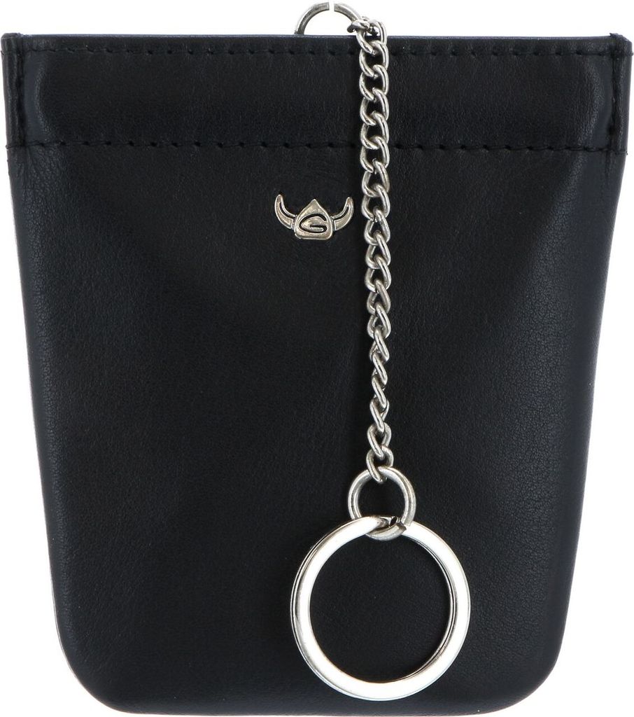 A black leather coin purse with a silver chain and keyring.