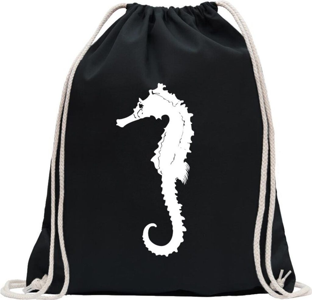 Kiwistar - Turnbeutel - schwarz - Seepferdchen Seehorse - Fun Rucksack Sport Beutel Gymsack Baumwolle mit Ziehgurt