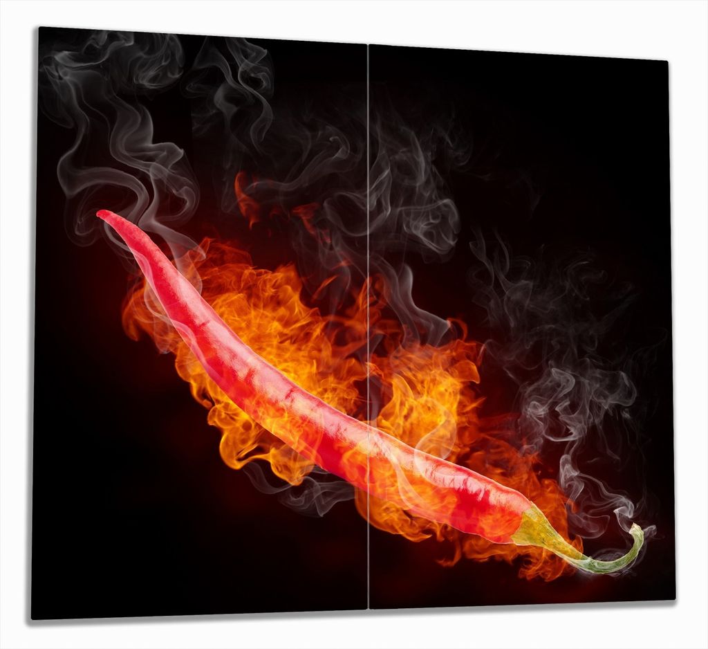 Wallario Herdabdeckplatte aus Glas, Größe 60 x 52 cm 2-teilig, Motiv Heiße, brennende Chili-Schote vor schwarzem Hintergrund