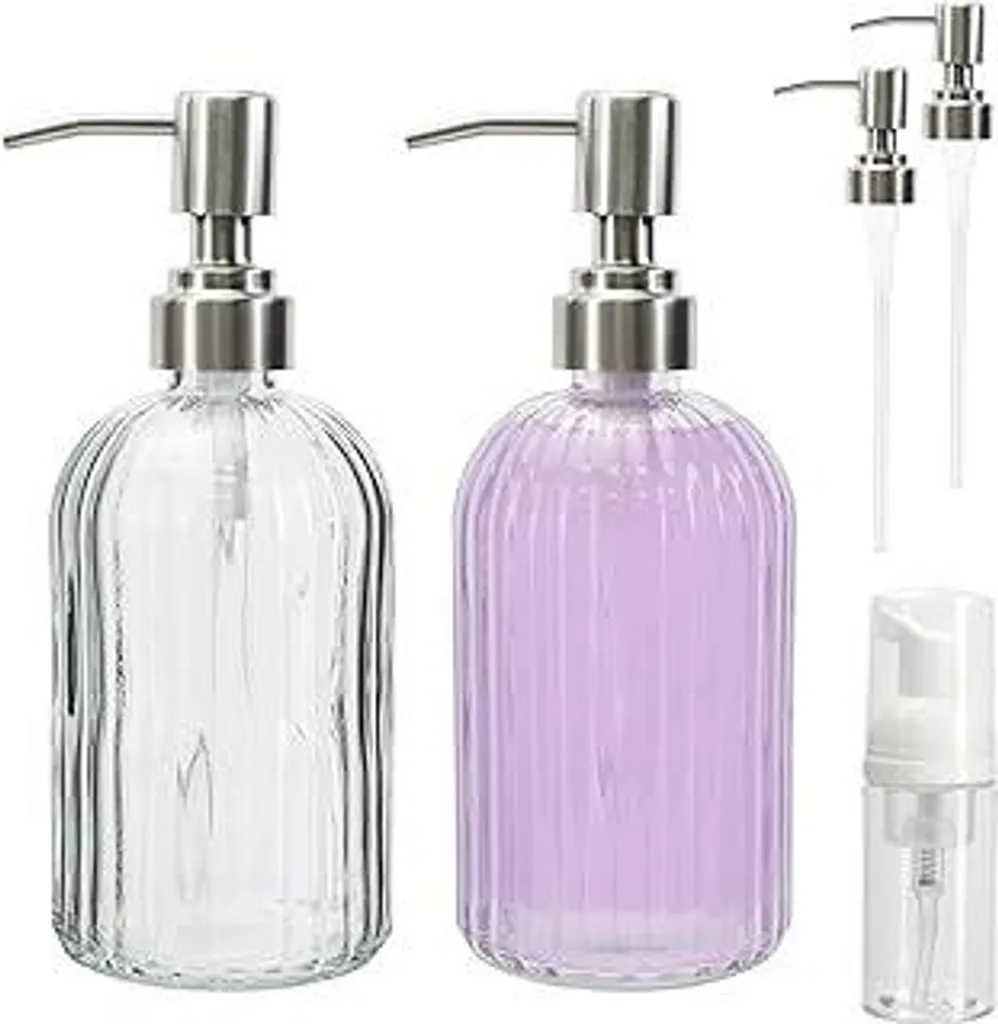 Set di 2 dispenser per sapone in vetro, flacone dispenser da 14 once con 2 pompe di ricambio in acciaio inossidabile e flacone con pompa per schiuma, flaconi di sapone per le mani ricaricabili per il piano di lavoro in cucina e in bagno