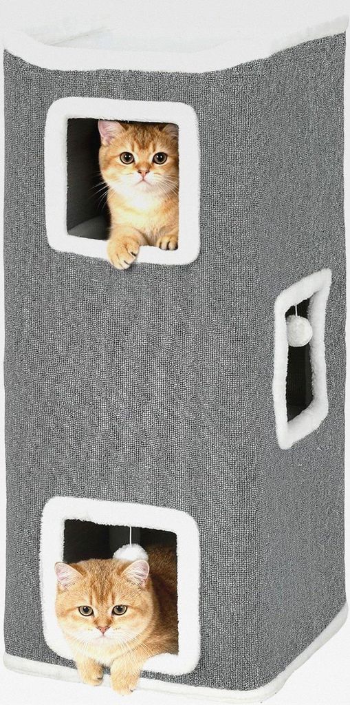 Kratztonne 100 cm Hoch 41 x 41 cm vierstöckige Katzentonne mit Spielball, Plüschrand, Katzenhöhle, Kratzbaum für 1-2 Katzen unter 7kg, Grau