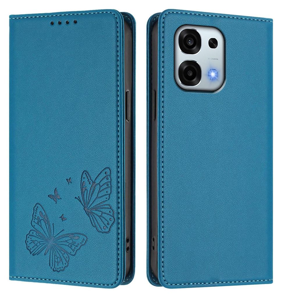 Lederhülle für Oppo A6 Pro 5G/Oppo A6 Pro 4G, Schmetterling Prägung Leder Brieftasche Schutzhülle mit Ständer Blau