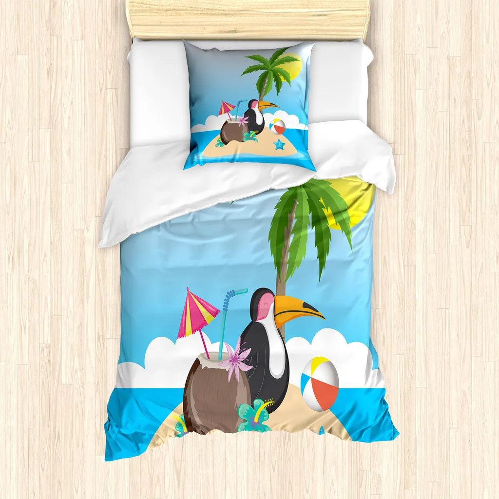 ABAKUHAUS Set copripiumino grafico per letti singoli, divertente caricatura tropicale, antiacaro, adatto a chi soffre di allergie, con federa, 135 cm x 200 cm - 80 x 80 cm, multicolore